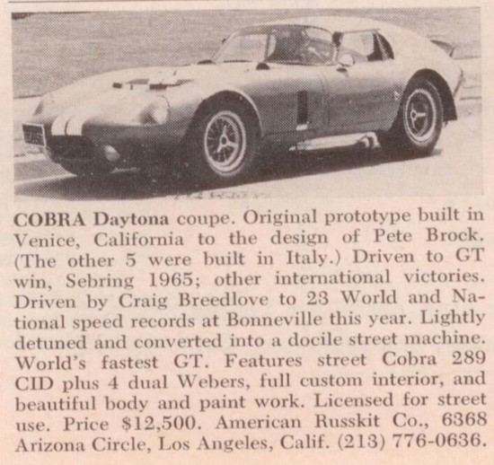 Shelby Cobra Daytona Classified Ad In Road & Track