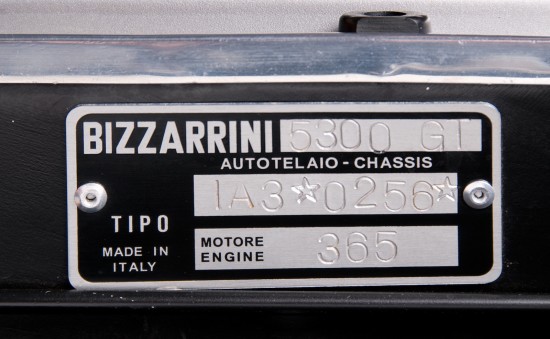 Bizzarrini GT 5300 Strada chassis number tag