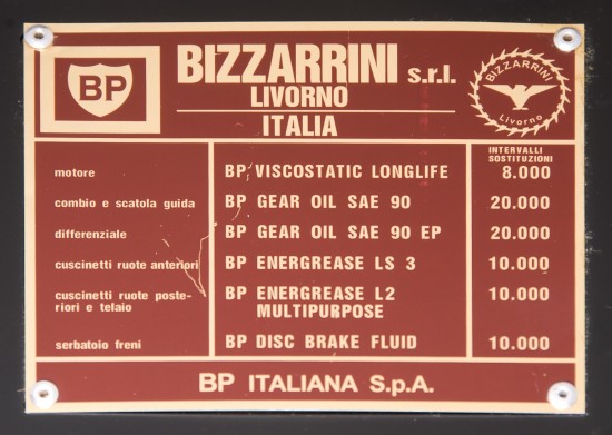 Bizzarrini GT 5300 Strada engine bay fluid tag