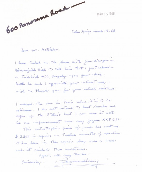 Raymond Lowey letter to Dean Batchelor about Jaguar XKE