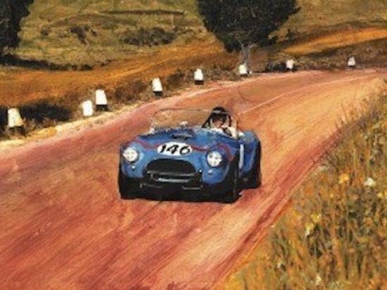 Dan Gurney driving a Cobra  - painting by Wallace Wyss