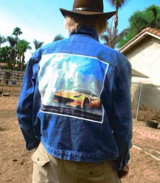 Wyss in a  denim modified with a bespoke painting of a Ferrari in Mendocino.