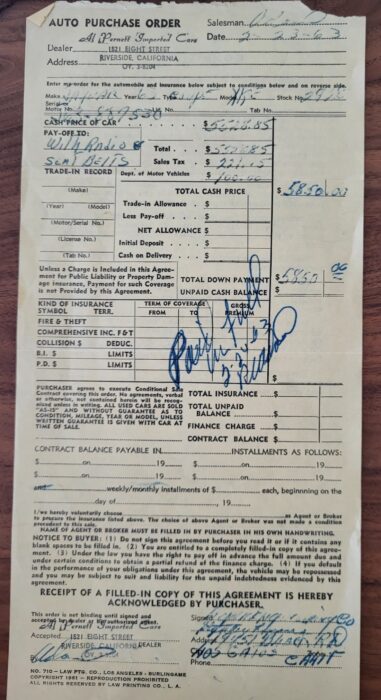 Jaguar XKE original sales receipt