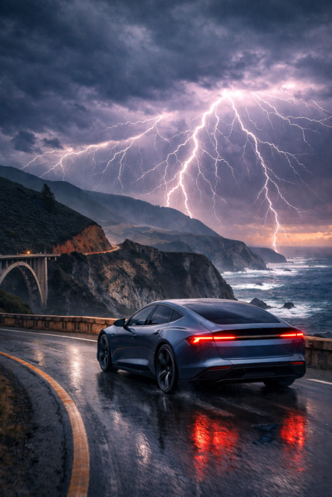 Electric Car in Lightening