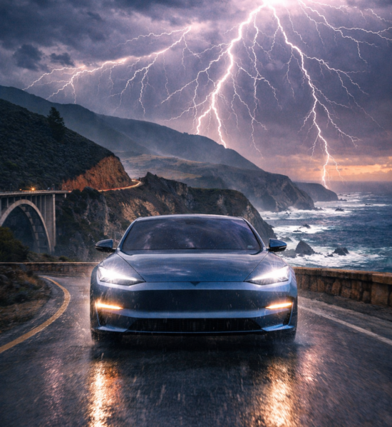 Electric Car in Lightening